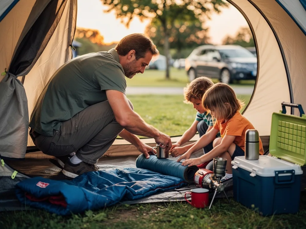 Vater und zwei Kinder sortieren im Zelt Schlafsack, Isomatte, Kocher und Kühlbox auf einem Campingplatz.
