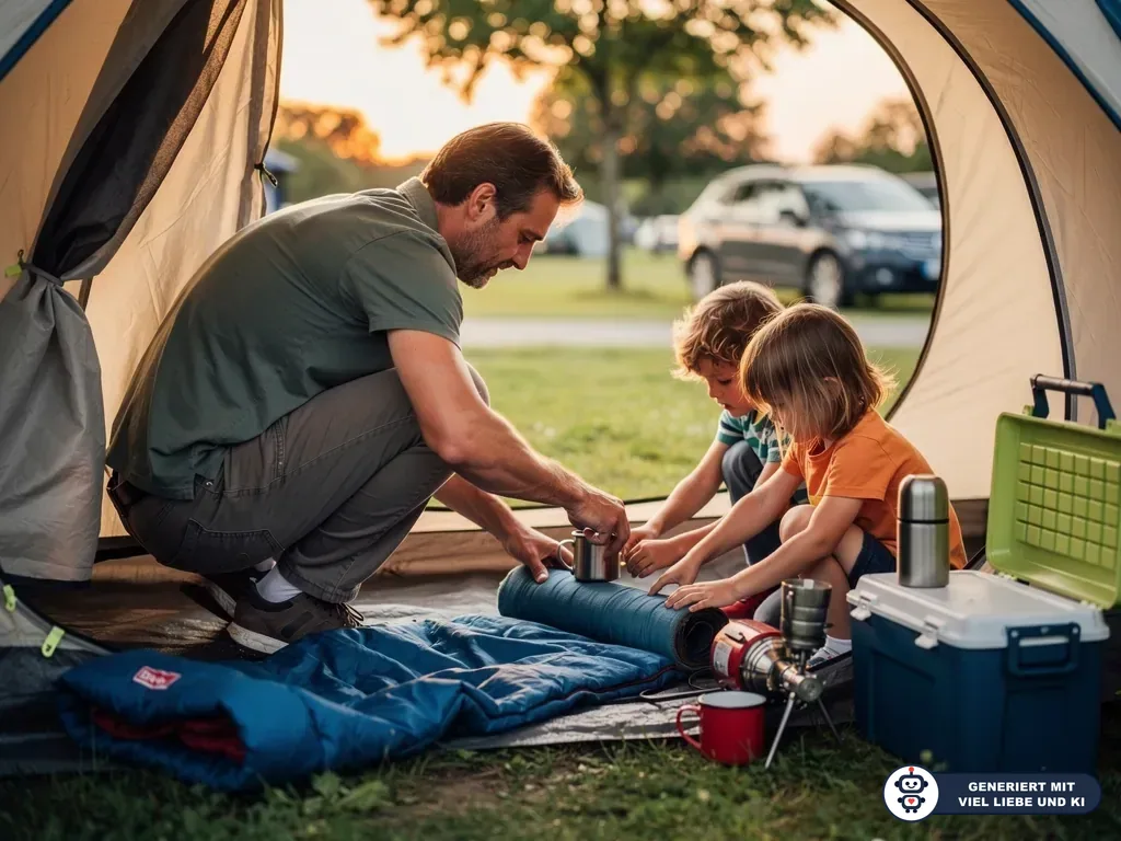 Vater und zwei Kinder sortieren im Zelt Schlafsack, Isomatte, Kocher und Kühlbox auf einem Campingplatz. (mit KI erstellt)