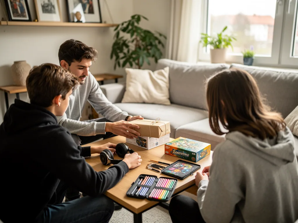 Vater und zwei Teenager sitzen im Wohnzimmer am Tisch mit verpacktem Geschenk, Kopfhörern, Spiel und Stiften.