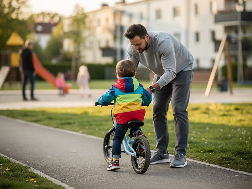 Vater unterstützt ein Kind auf dem Fahrrad am Rand eines Spielplatzwegs.