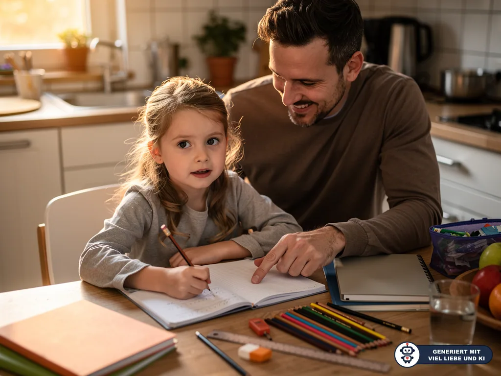 Vater unterstützt Grundschulkind am Küchentisch bei Hausaufgaben im Heft, daneben Stifte und Schulmaterial. (mit KI erstellt)