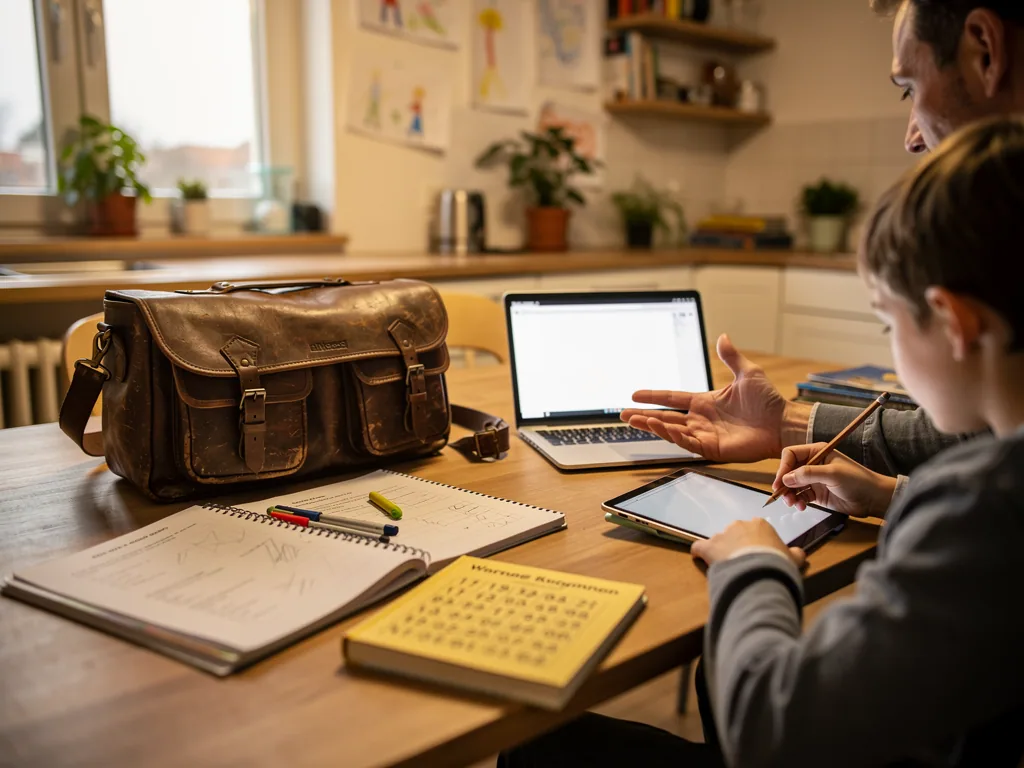 Vater unterstützt Kind am Küchentisch bei Schulaufgaben mit Tablet, Laptop, Heften und Schulranzen.