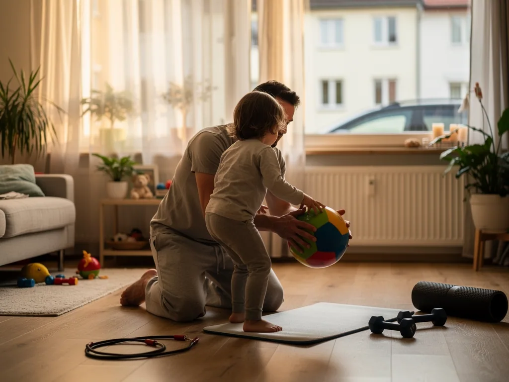 Vater unterstützt kleines Kind mit buntem Ball beim Spielen auf einer Matte im Wohnzimmer.