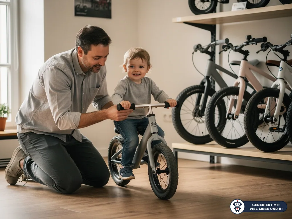 Vater unterstützt Kleinkind auf grauem Laufrad im Fahrradladen neben weiteren Kinder-Laufrädern. (mit KI erstellt)