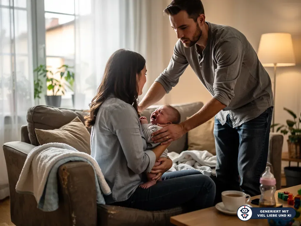 Vater unterstützt Mutter auf dem Sofa beim Beruhigen eines weinenden Babys im Wohnzimmer. (mit KI erstellt)