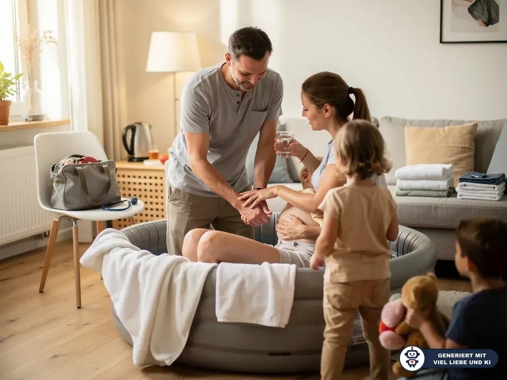 Vater unterstützt Schwangere im Gebärpool zu Hause, Kinder und vorbereitete Hebammentasche im Wohnzimmer. (mit KI erstellt)