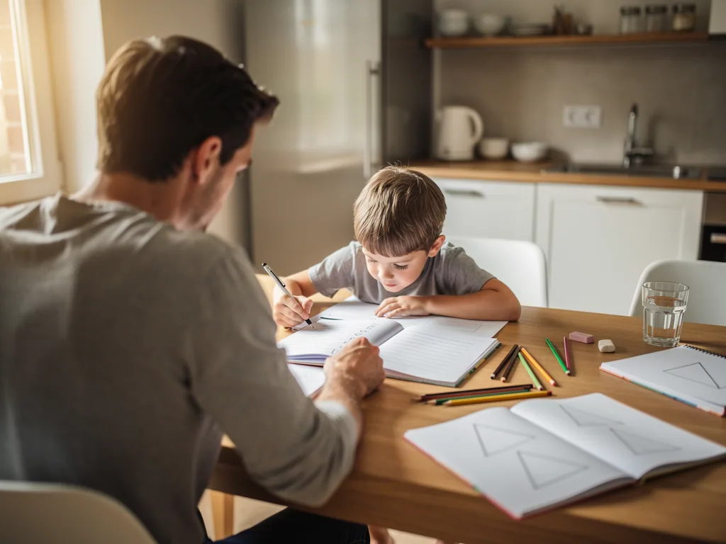 Vater unterstützt seinen Sohn am Küchentisch bei Schreib- und Geometrieübungen in Arbeitsheften.