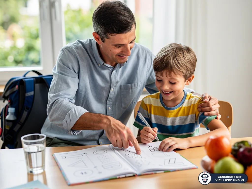 Vater unterstützt seinen Sohn am Tisch bei Hausaufgaben im Arbeitsheft, daneben Schulranzen, Wasser und Obst. (mit KI erstellt)