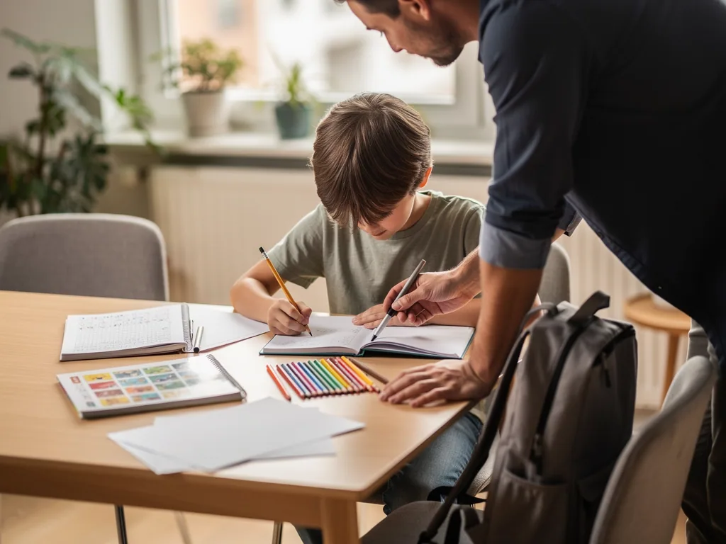Vater unterstützt Sohn am Schreibtisch beim Lesen und Schreiben in einem Heft.