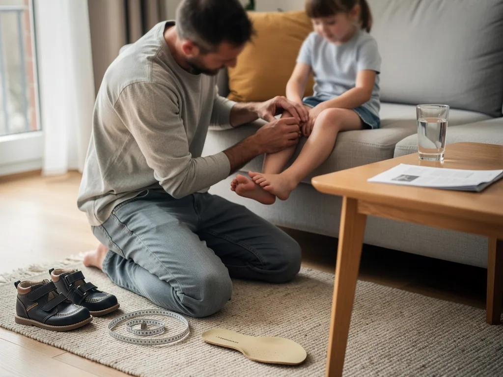 Vater untersucht den Fuß seiner Tochter auf dem Sofa; Kinderschuhe, Maßband und Einlage liegen auf dem Teppich.