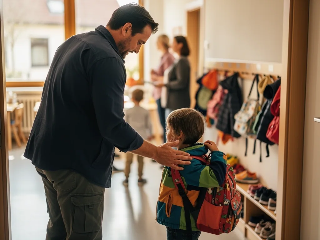 Vater verabschiedet sein Kind mit Rucksack in der Garderobe einer Kita, im Hintergrund stehen weitere Kinder und Erwachsene.