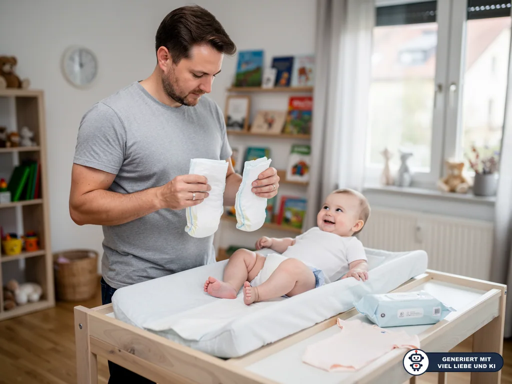 Vater vergleicht zwei Windeln am Wickeltisch, während sein Baby lächelnd auf der Wickelauflage liegt. (mit KI erstellt)