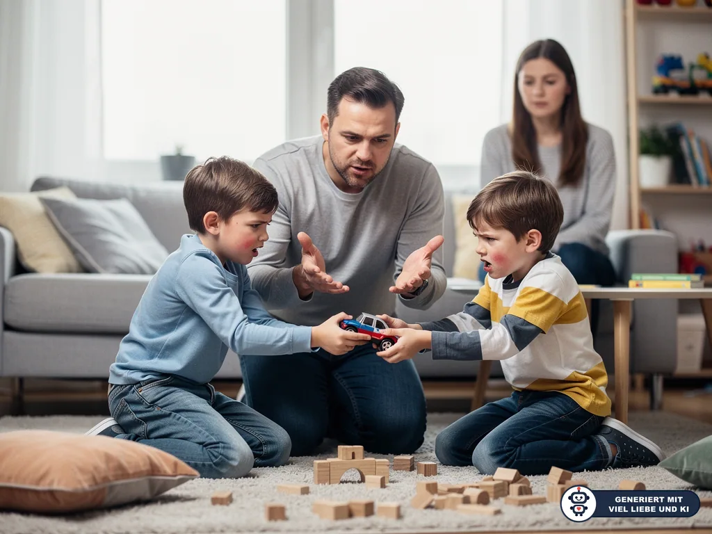 Vater vermittelt zwischen zwei Jungen, die im Wohnzimmer um ein Spielzeugauto streiten; Mutter sitzt im Hintergrund. (mit KI erstellt)