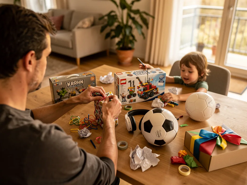 Vater verpackt Spielzeug am Tisch, Kind sitzt daneben; Bälle, Kopfhörer und Baukästen liegen bereit.