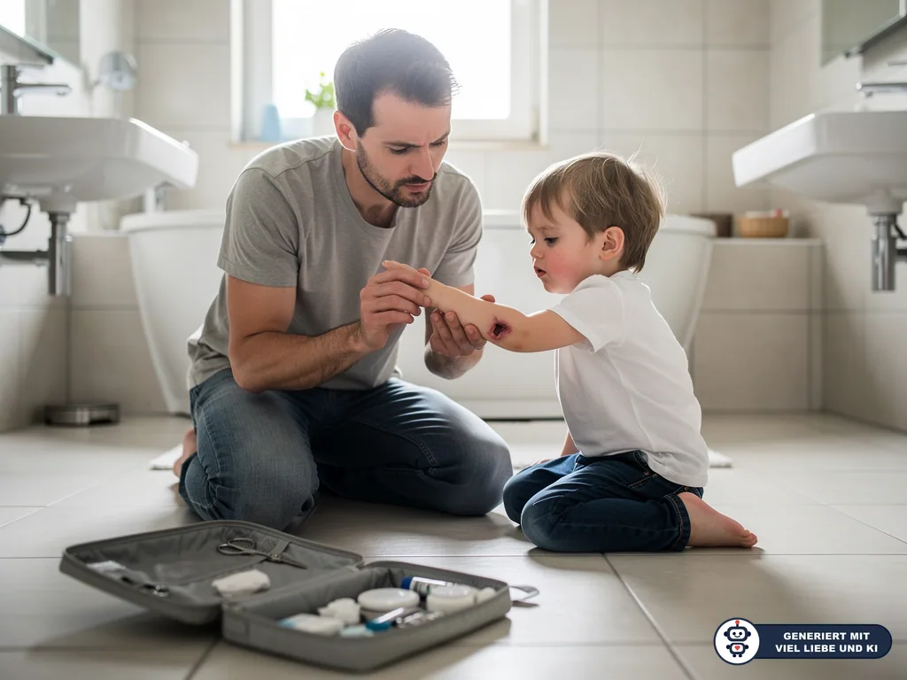Vater versorgt im Badezimmer eine Wunde am Arm seines Kleinkinds, daneben liegt ein offenes Erste-Hilfe-Set. (mit KI erstellt)