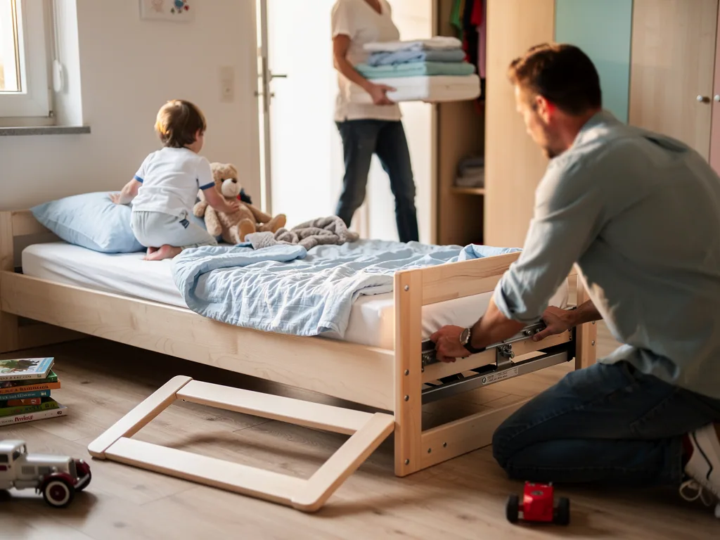 Vater verstellt ein helles Kinderbett, Kind sitzt mit Teddy darauf, Mutter trägt Bettwäsche im Kinderzimmer.