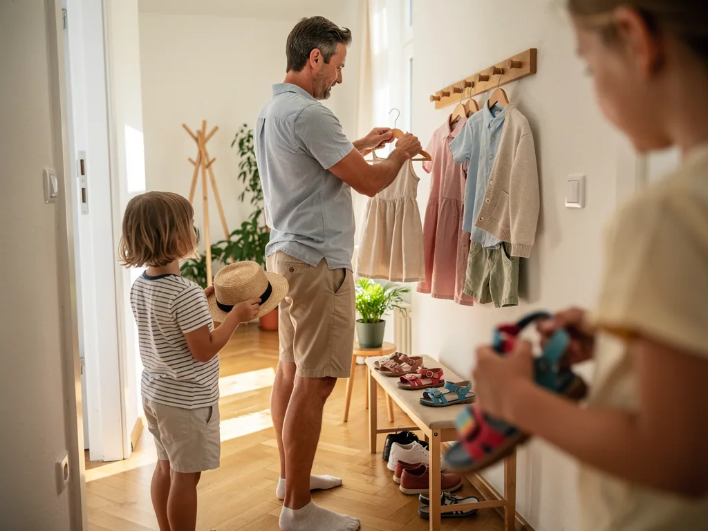 Vater wählt im Flur Kinderkleidung aus, während zwei Kinder Hut und Sandalen für ein Sommerfest halten.