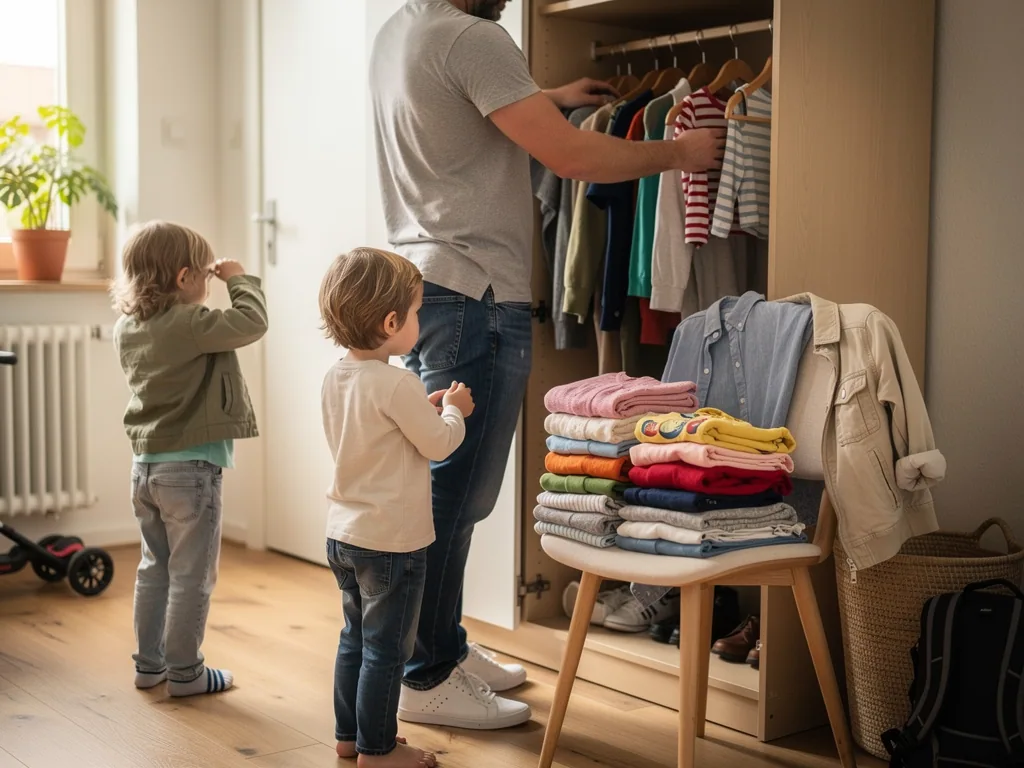 Vater wählt Kinderkleidung am Kleiderschrank aus, zwei Kinder stehen daneben, gefaltete Kleidung liegt auf einem Stuhl.