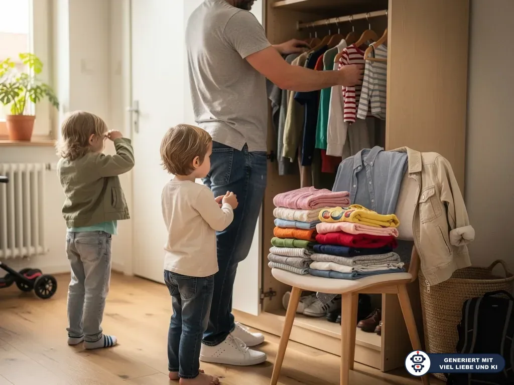 Vater wählt Kinderkleidung am Kleiderschrank aus, zwei Kinder stehen daneben, gefaltete Kleidung liegt auf einem Stuhl. (mit KI erstellt)