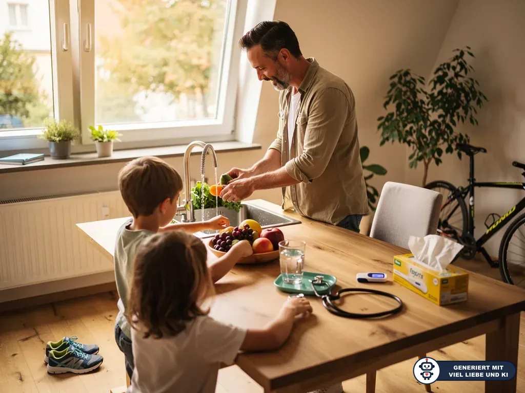 Vater wäscht Gemüse in der Küche, zwei Kinder sitzen am Tisch mit Obst, Fieberthermometer und Stethoskop. (mit KI erstellt)