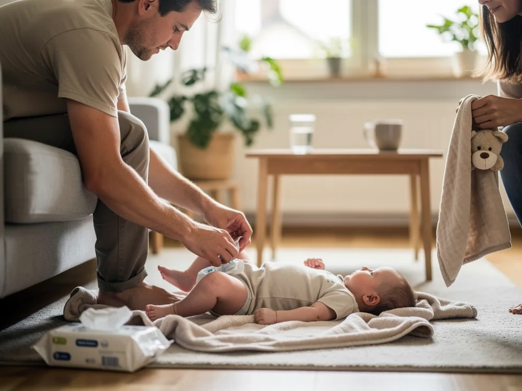 Vater wechselt einem Baby auf einer Decke die Windel, Mutter hält Handtuch und Kuscheltier im Wohnzimmer.