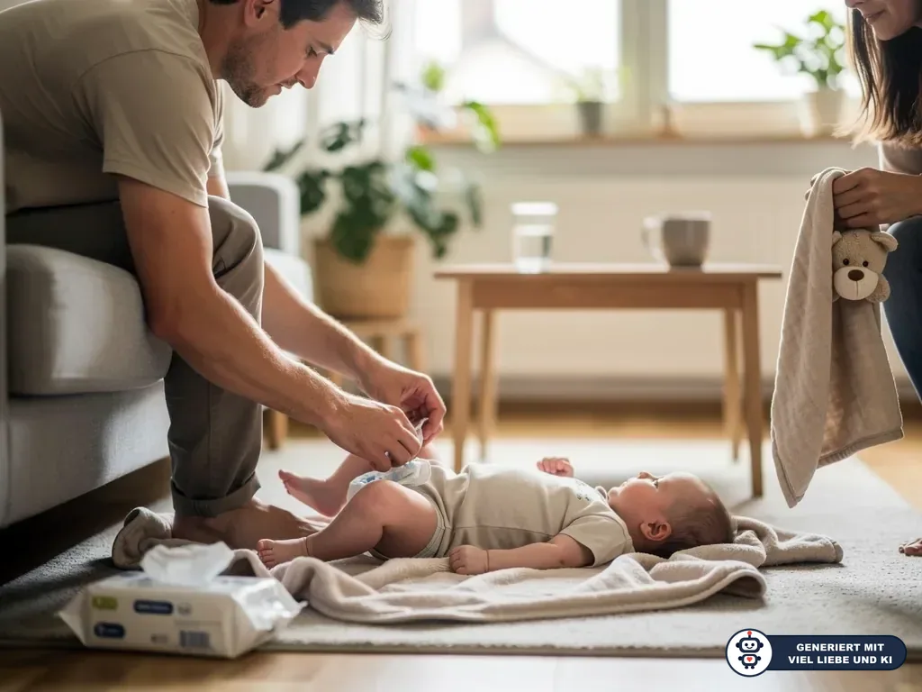 Vater wechselt einem Baby auf einer Decke die Windel, Mutter hält Handtuch und Kuscheltier im Wohnzimmer. (mit KI erstellt)