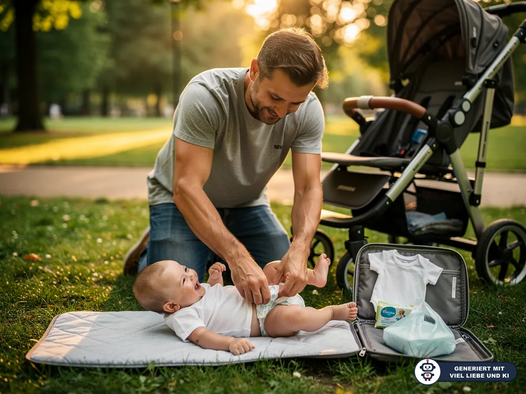 Vater wechselt einem Baby im Park auf einer Wickelmatte die Windel, daneben Kinderwagen und Wickeltasche. (mit KI erstellt)
