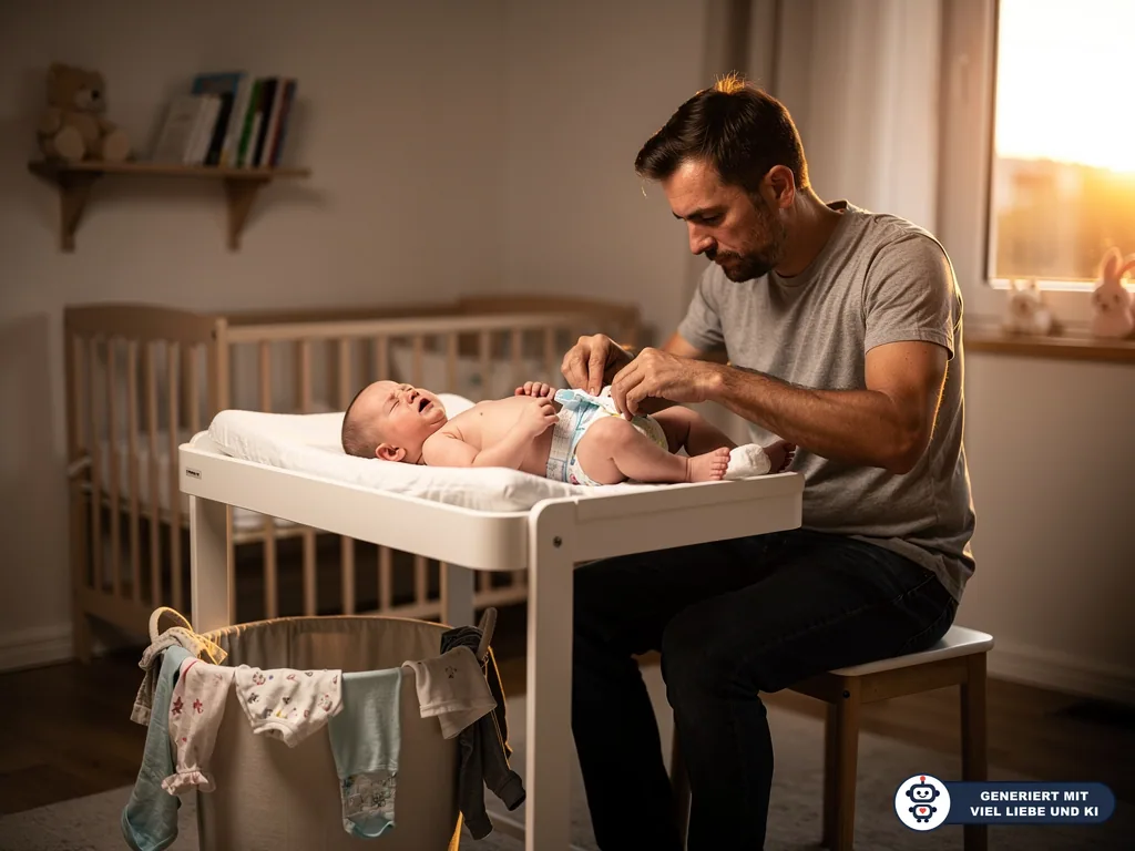 Vater wechselt einem weinenden Baby auf dem Wickeltisch die Windel im Kinderzimmer bei Abendlicht. (mit KI erstellt)