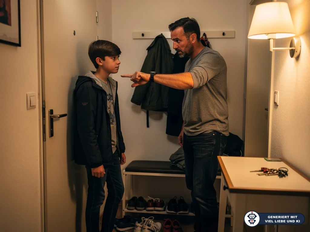 Vater weist im Flur ernst auf seinen Sohn, der mit Jacke an der Tür steht. (mit KI erstellt)
