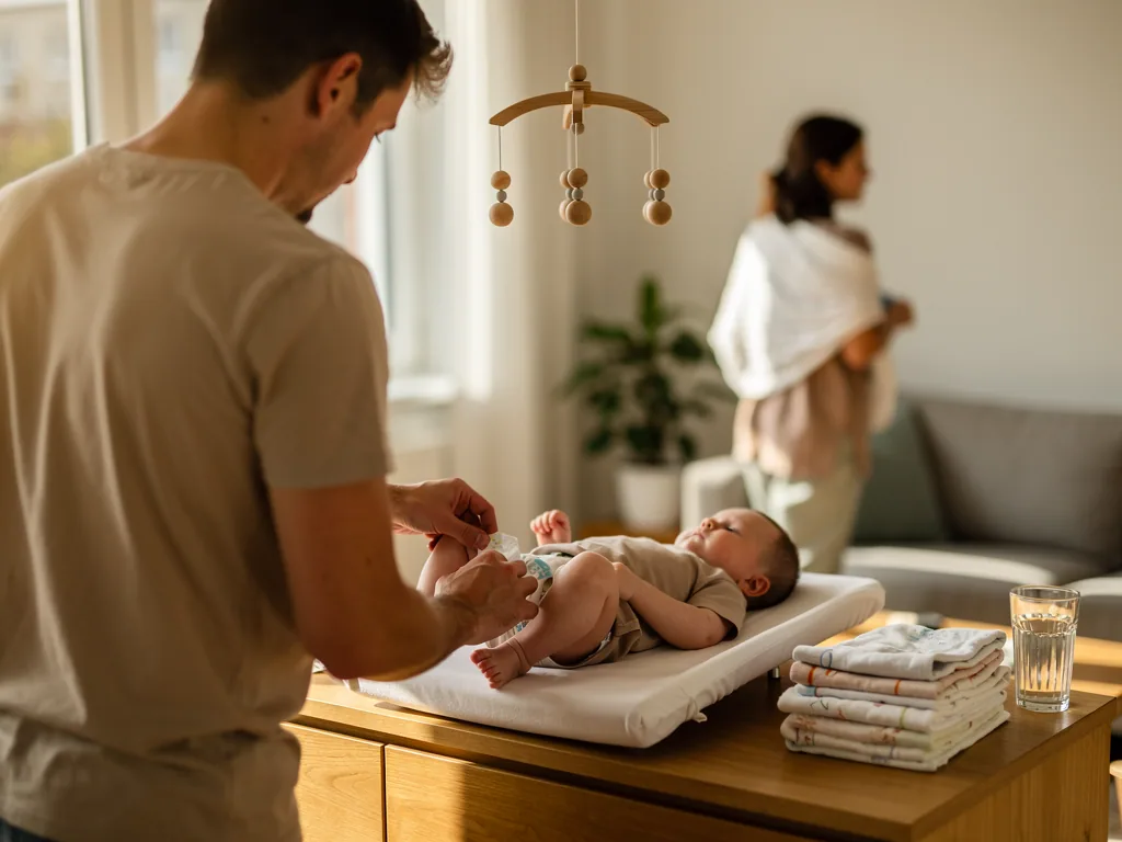 Vater wickelt Baby auf der Kommode, im Hintergrund steht die Mutter im hellen Familienzimmer.