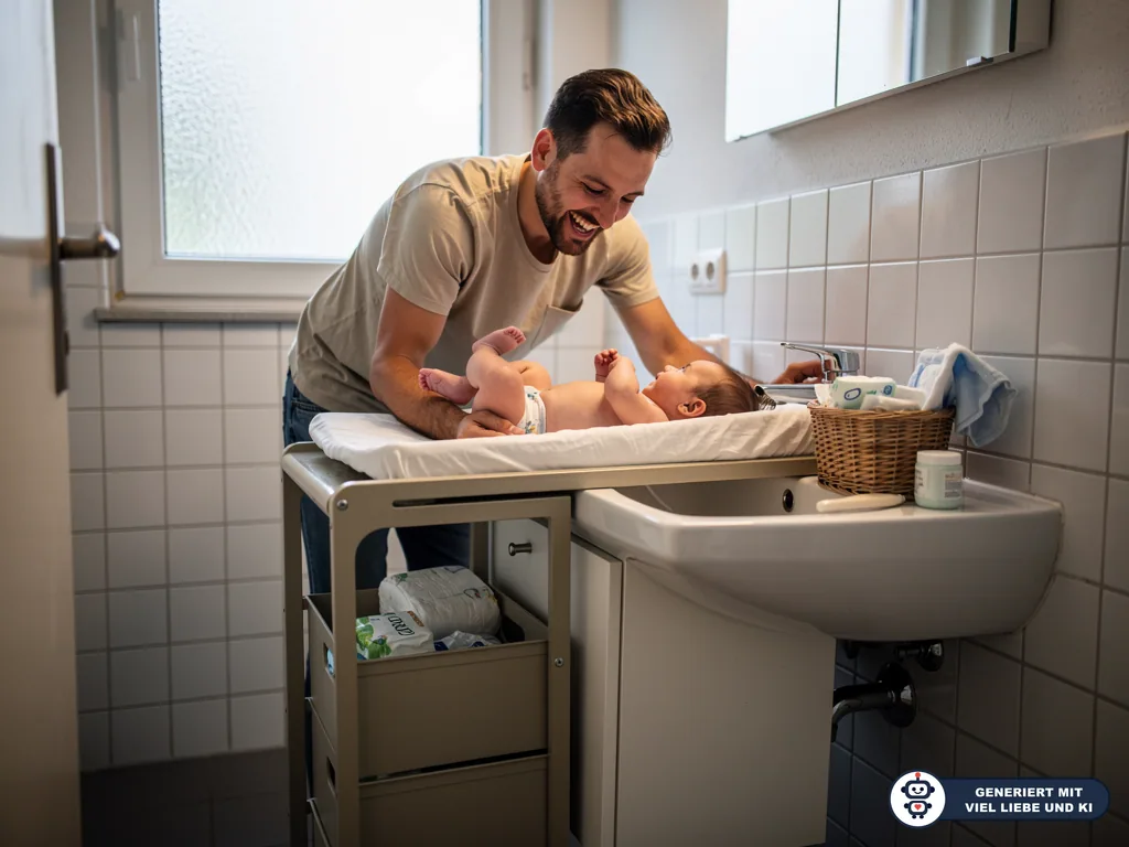 Vater wickelt Baby auf schmaler Auflage neben dem Waschbecken, Pflegeutensilien liegen platzsparend im Korb. (mit KI erstellt)