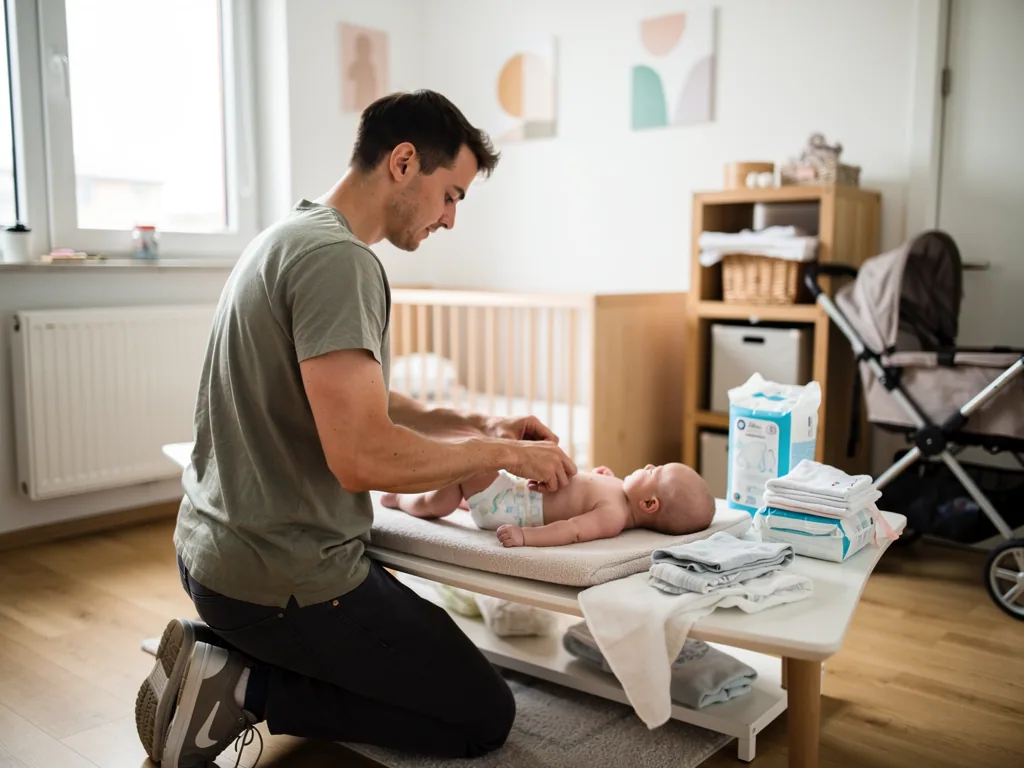 Vater wickelt ein Baby auf dem Wickeltisch, daneben liegen Windelpakete, Kleidung und ein Kinderwagen.
