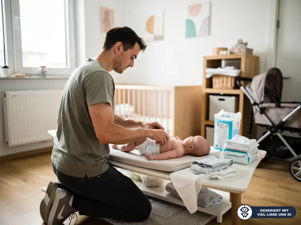 Vater wickelt ein Baby auf dem Wickeltisch, daneben liegen Windelpakete, Kleidung und ein Kinderwagen. (mit KI erstellt)