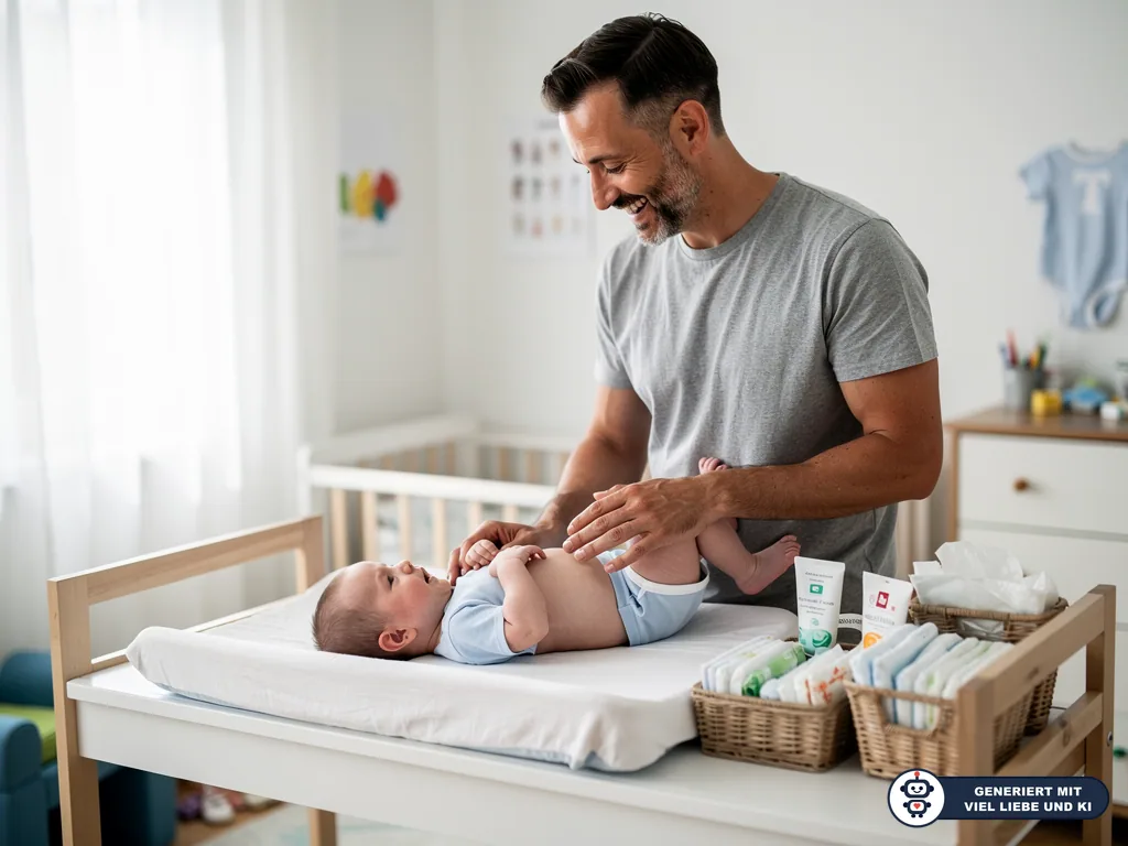 Vater wickelt ein Baby auf einer Wickelkommode, daneben Körbe mit Windeln, Feuchttüchern und Pflegeprodukten. (mit KI erstellt)