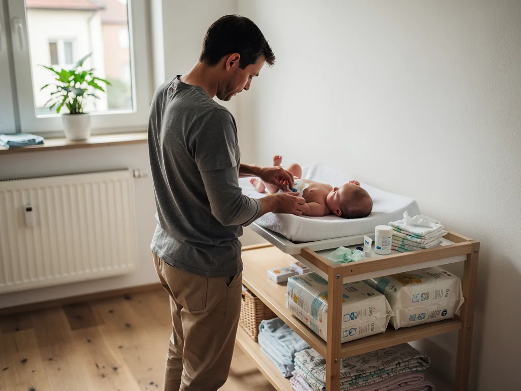 Vater wickelt ein Baby auf einer Wickelkommode neben Windelpackungen, Tüchern und Pflegezubehör.