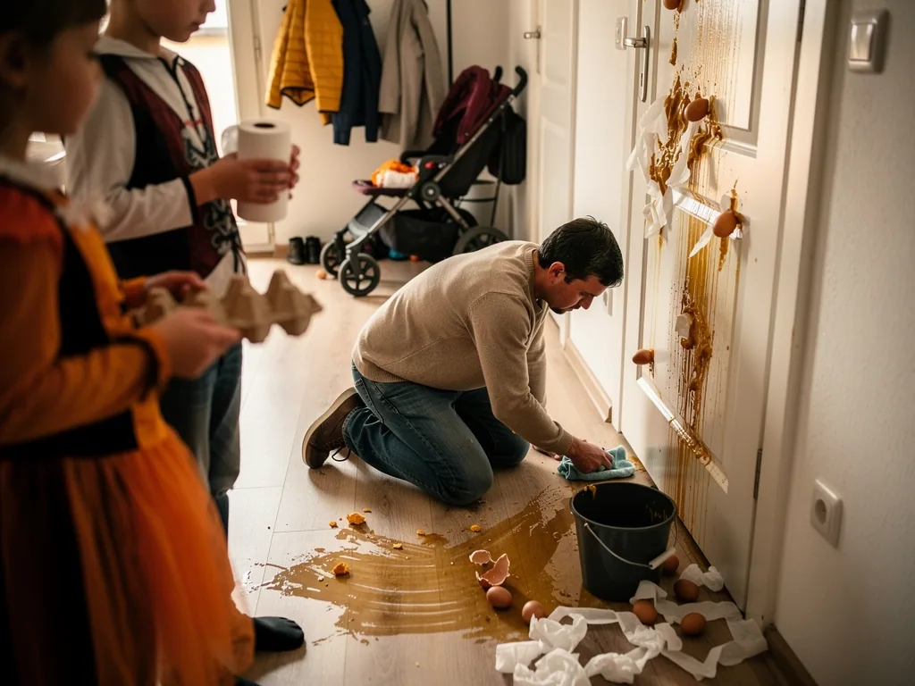 Vater wischt Eier und Flüssigkeit von einer Wohnungstür, während zwei verkleidete Kinder danebenstehen.