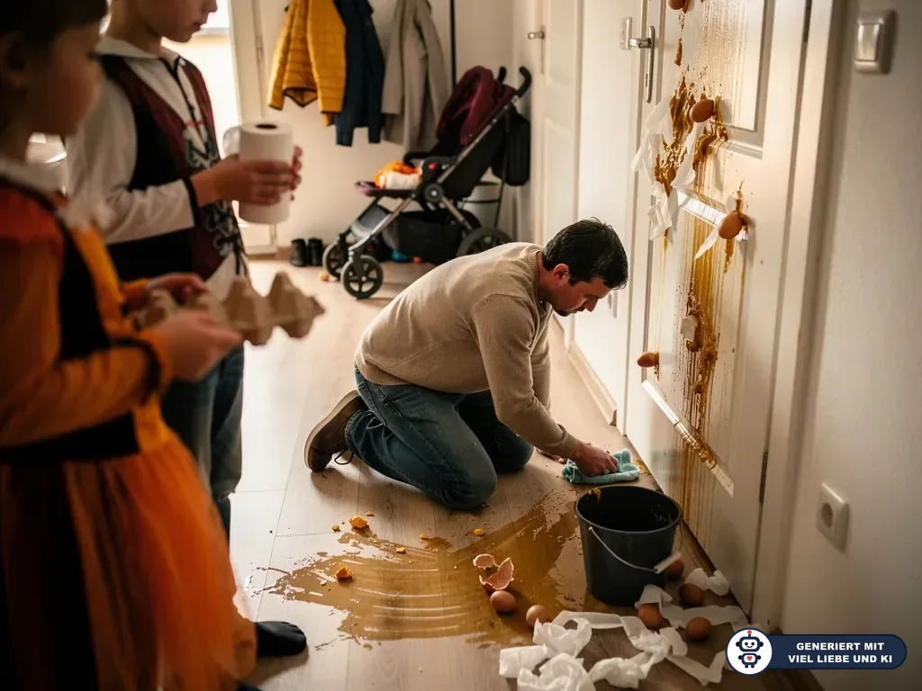 Vater wischt Eier und Flüssigkeit von einer Wohnungstür, während zwei verkleidete Kinder danebenstehen. (mit KI erstellt)