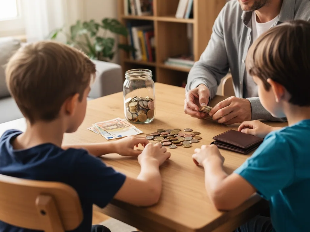 Vater zählt mit zwei Kindern Münzen und Scheine am Küchentisch, daneben ein Sparglas und eine Geldbörse.