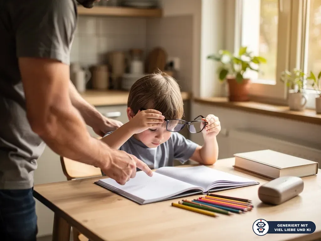 Vater zeigt auf ein Heft, während ein Kind am Tisch eine Brille in der Hand hält und nah auf die Seite schaut. (mit KI erstellt)