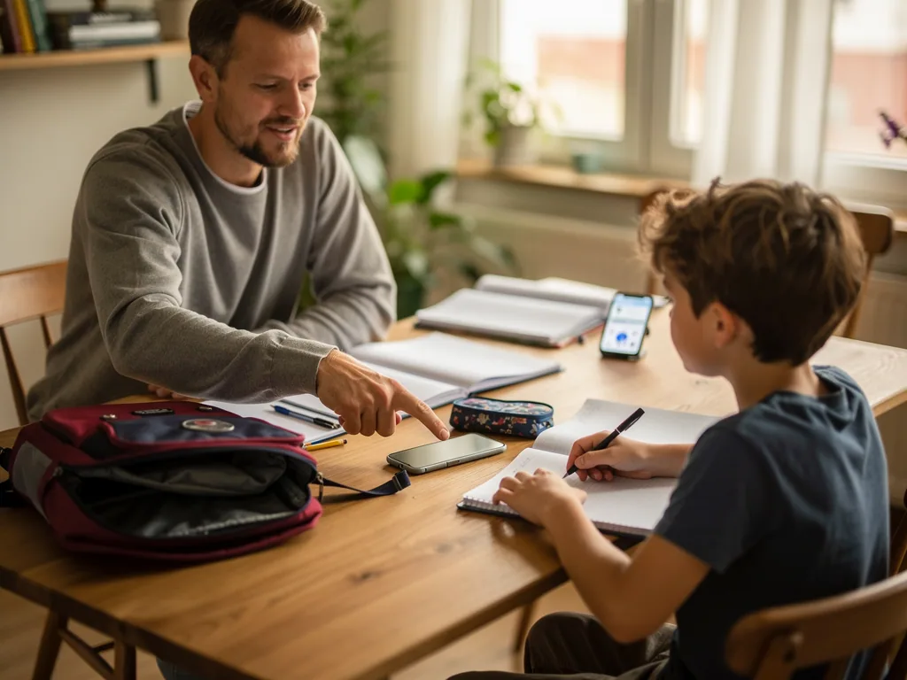 Vater zeigt auf ein Smartphone, während sein Sohn am Tisch Hausaufgaben macht.