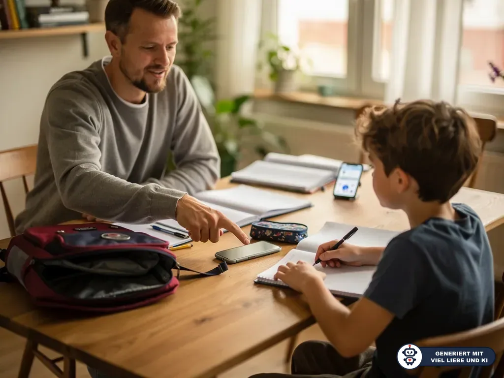 Vater zeigt auf ein Smartphone, während sein Sohn am Tisch Hausaufgaben macht. (mit KI erstellt)