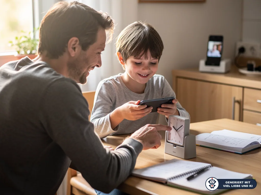 Vater zeigt auf eine Uhr, während sein Kind am Tisch ein Smartphone hält und lächelt. (mit KI erstellt)