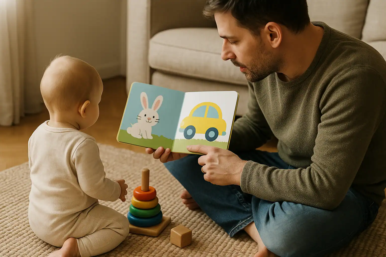 Vater zeigt Baby ein Bilderbuch mit Hase und Auto; daneben liegen Stapelringe und Holzklotz auf dem Teppich.