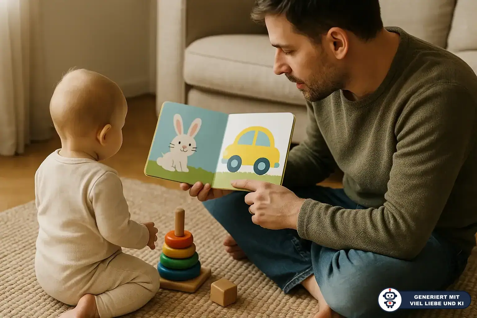 Vater zeigt Baby ein Bilderbuch mit Hase und Auto; daneben liegen Stapelringe und Holzklotz auf dem Teppich. (mit KI erstellt)