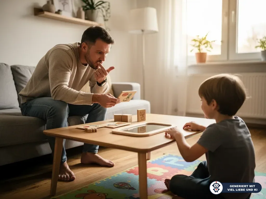 Vater zeigt einem Kind eine Bildkarte und deutet auf seinen Mund bei einer Sprachübung im Wohnzimmer. (mit KI erstellt)