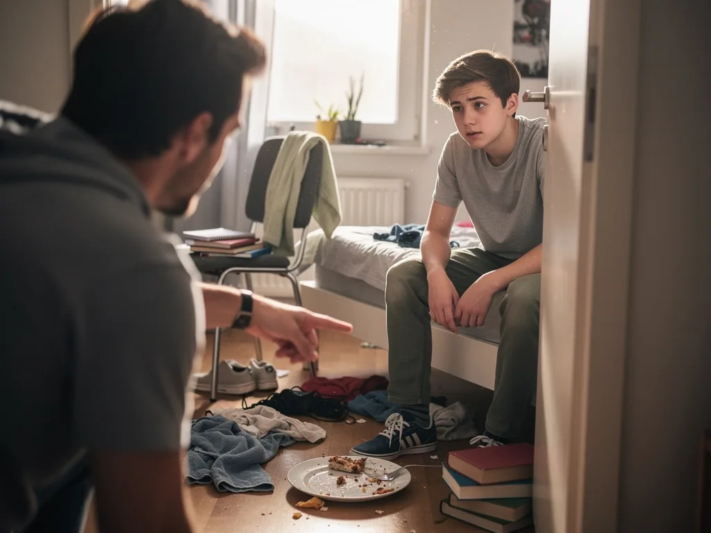 Vater zeigt im unordentlichen Jugendzimmer auf Kleidung und Teller, Teenager sitzt angespannt auf dem Bett.