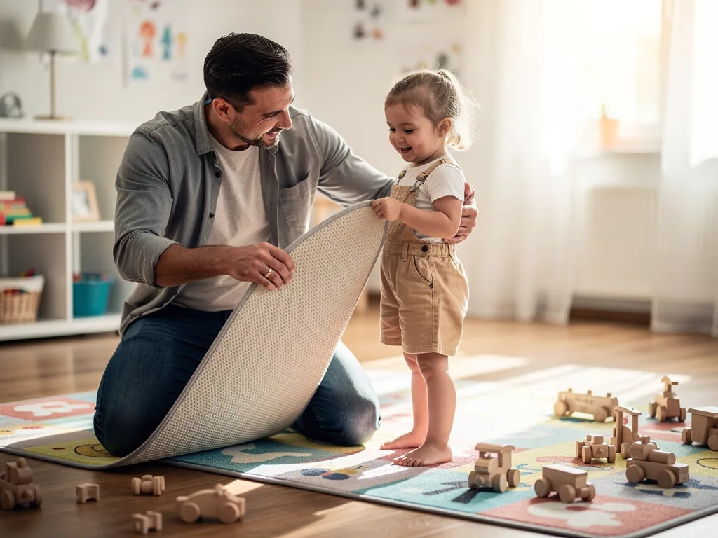 Vater zeigt Kind die rutschhemmende Unterseite eines Kinderzimmerteppichs im hellen Spielzimmer.