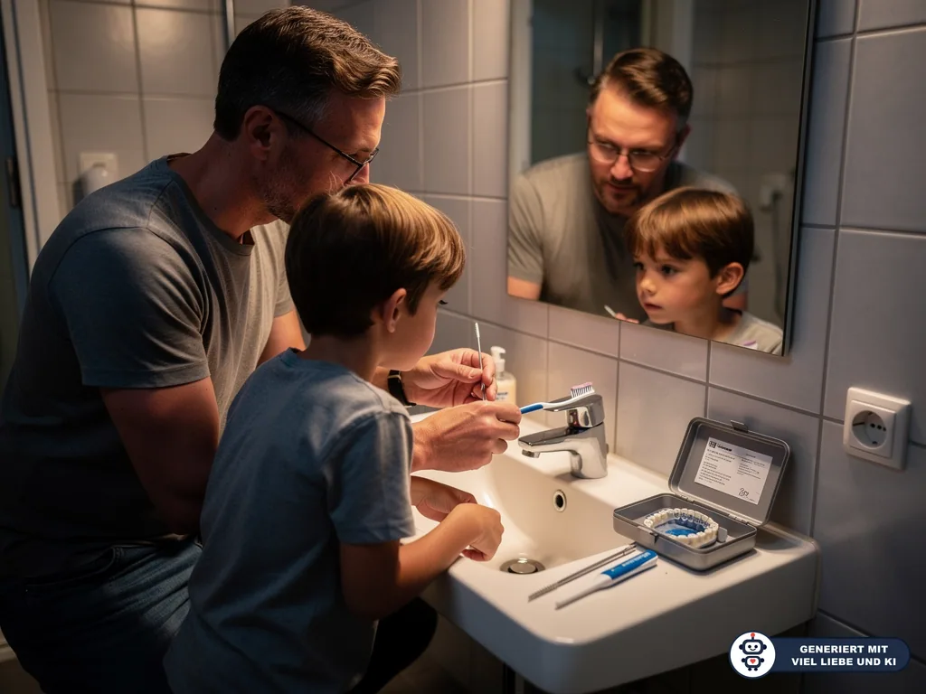 Vater zeigt seinem Kind am Waschbecken die Zahnpflege mit Zahnspange und Interdentalbürste. (mit KI erstellt)