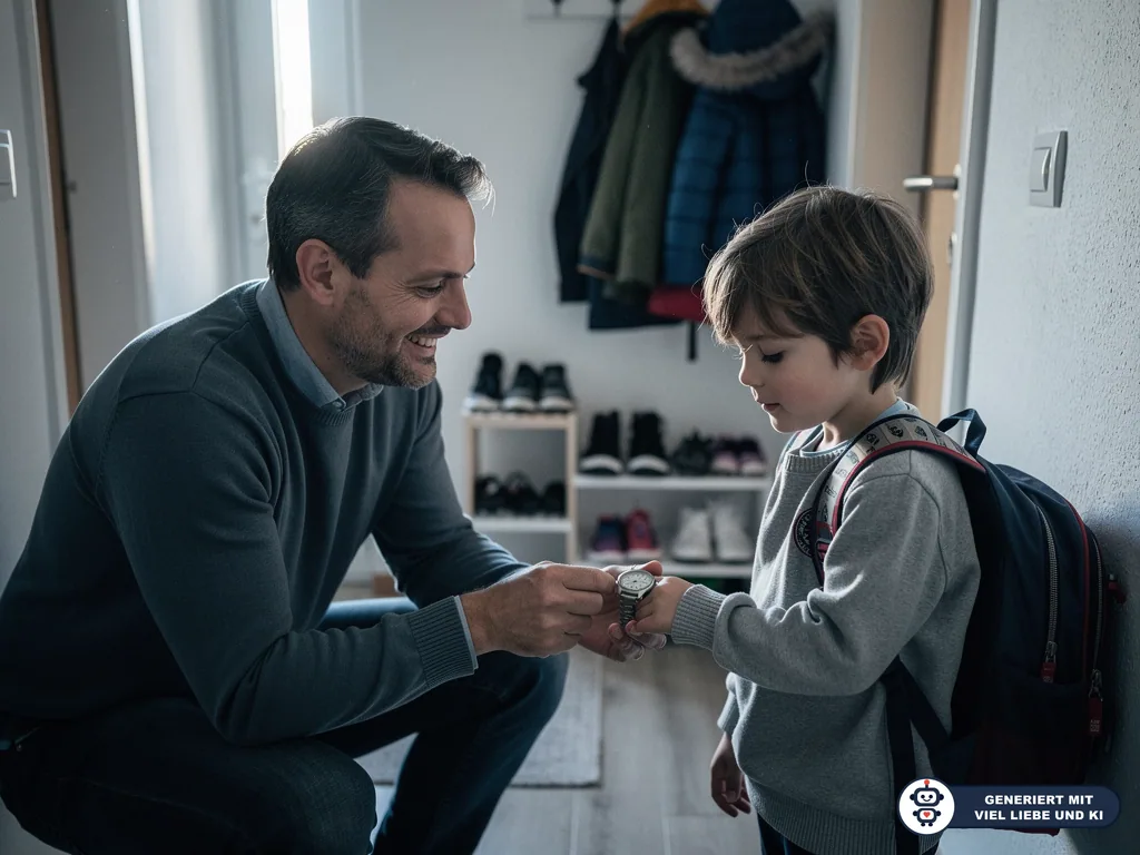 Vater zeigt seinem Sohn mit Schulranzen im Flur die Uhr vor dem Schulweg. (mit KI erstellt)
