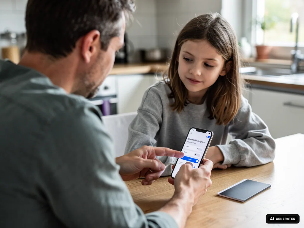 Vater zeigt seiner Tochter am Küchentisch Einstellungen auf dem Smartphone, daneben liegt ein kleines Notizbuch. (mit KI erstellt)